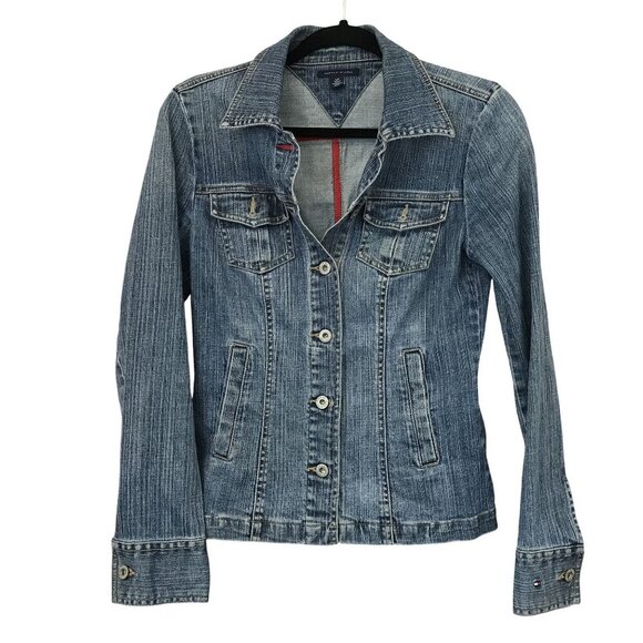 Tommy Hilfiger Blue Denim Button-Up Jean Jacket Size S Pockets Stretch Slim FIt - Picture 1 of 12